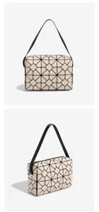 Geometric lattice handbag detail view, casual minimalist beige tote bag for daily commute.