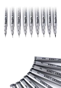 Fine-liner pigment art pens detail shot, showing various nib sizes for sketching and illustration.