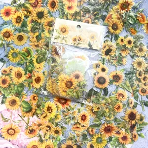 Sunflower sticker pack detail showing transparent PET waterproof decorative botanical journaling supplies.