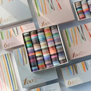 Decorative washi tape set for DIY journaling and album decoration, colorful aesthetic tape rolls.