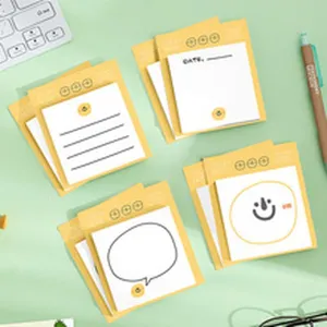 Minimalist yellow sticky notes set with lined, date and cute cartoon designs for office.