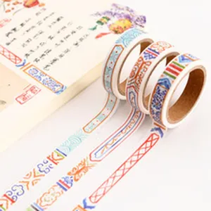 Detailed view of retro palace style decorative washi tape rolls with blue and white porcelain patterns.
