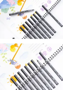 Detailed shot of waterproof fineliner pens in various sizes neatly arranged on sketch paper.