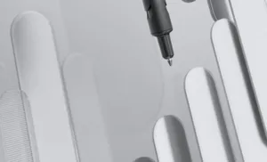 Sleek black gel pen detail shot, smooth writing 0.5mm tip, modern minimalist stationery office tool.
