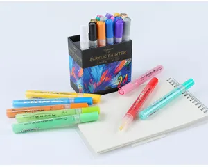 Vista detallada del juego de rotuladores de pintura acrílica de 24 colores con caja y cuaderno.