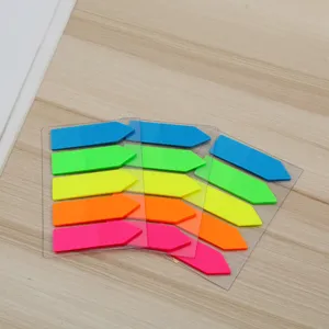 Detailed view of colorful PET neon index sticky notes, arrow shaped sticky tabs for office.