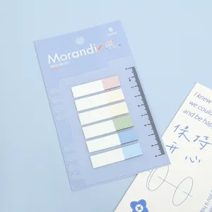 Detailed view of translucent PET Morandi sticky notes with index tabs and ruler card design.