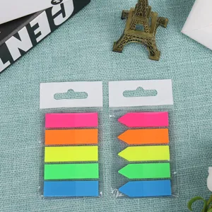 Mini neon sticky notes index tabs transparent package vibrant colors detail view close up stationery
