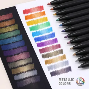 Metallic color pens 12-color set with stunning metallic sheen on black and white paper swatches.