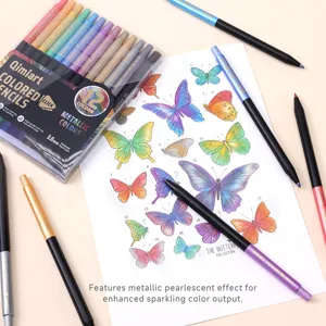 Detail view of 12-color metallic push-action colored pencils with butterfly coloring page.