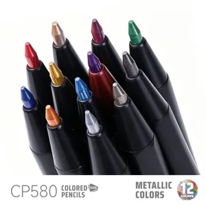 Retractable metallic colored pencils set, 12 vibrant colors for professional art drawing.