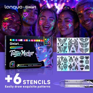 18 colors UV temporary tattoo markers set with 6 stencils for creative face and body art painting.