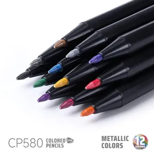Retractable metallic colored pencils detail shot showing various rich pigment tips clearly.