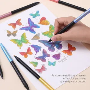 Detailed close-up view of metallic colored pencil creating sparkling butterfly artwork.