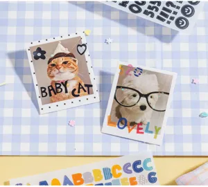 Waterproof PET DIY stickers featuring cute animal polaroids and colorful letters for crafting.