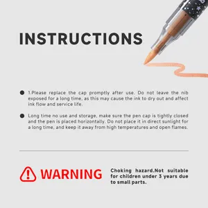 Detail view of dual head glitter metallic pen instructions and storage guide for safe use.