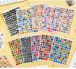 Colorful alphabet number symbol emoji stickers detail view, waterproof PET DIY stationery dec