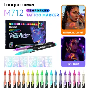 18 colors UV fluorescent temporary tattoo marker pens set with 6 stencils for body art.