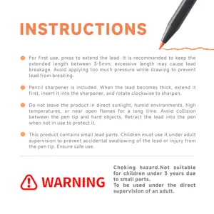 Instruction guide detail showing usage steps and safety warnings for mechanical colored pencils.