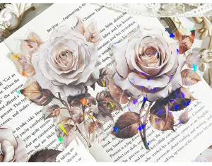 Transparent PET laser rose stickers, aesthetic journal material for DIY crafts and planners.