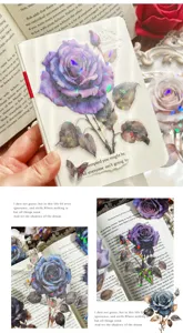 Transparent PET laser rose stickers, detail close-up showing journaling and book decor.