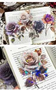 Transparent PET laser rose stickers, aesthetic floral journaling supplies for crafts and scrapbooks.