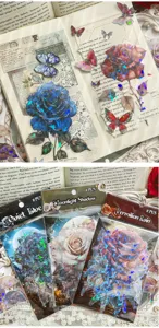 Holographic rose butterfly PET stickers pack for journaling, scrapbooking and craft decor.