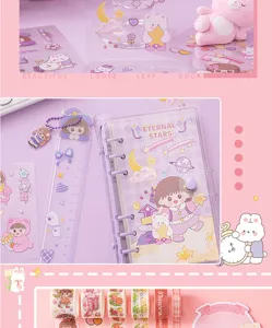 Cute PVC loose leaf notebook stationery set with stickers and washi tape for journaling.