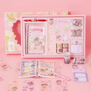 Cute pink loose-leaf diary notebook stationery gift set with pens tapes stickers for students