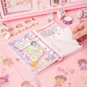 Cute pink PVC loose-leaf notebook hand ledger stationery set with tapes and stickers for students.