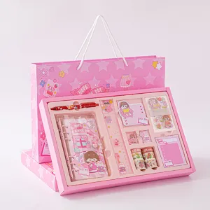 Cute pink stationery gift set with PVC loose-leaf notebook, sticky notes, and pens for students.