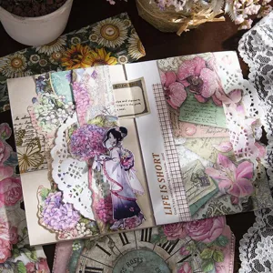 Set di carta e adesivi per scrapbooking floreale vintage per collage di diario estetico.