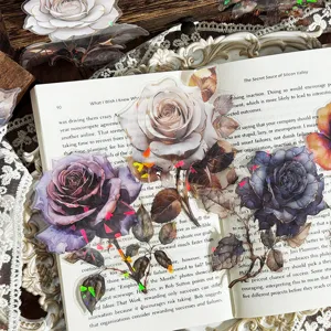 Transparent PET laser rose stickers for journaling, decorative aesthetic scrapbooking supplies.
