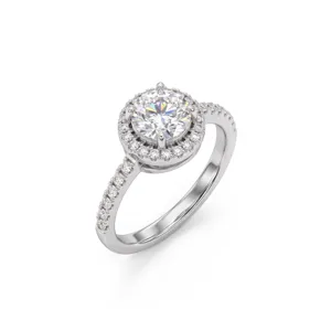 Prachtige ronde moissanite halo verlovingsring in zilver met pavé zetting voor dames.