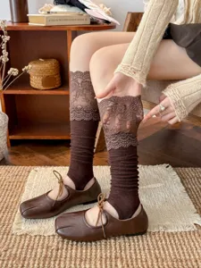 Brown lace stirrup leg warmers, sweet lolita style slouch socks for women autumn winter.