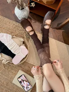 Sweet Lolita lace long leg warmers with stirrup design, cozy knitted slouch socks for autumn style.