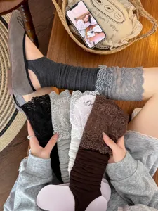 Sweet Lolita lace footless leg warmers for women, cozy knitted slouch socks and autumn leg covers.