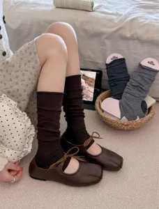 Korean style ballet stacked socks paired with brown shoes, perfect for cozy daily wear.