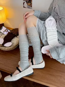 Sweet Lolita grey lace leg warmers stirrup socks for women, cute Japanese style stacked socks detail.