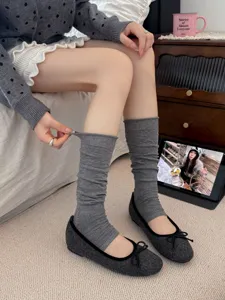 Korean style grey knit stirrup leg warmers for women, cozy slouchy ballet core socks autumn
