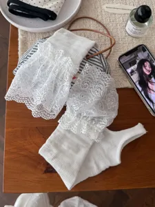 White lace leg warmers Lolita sweet stirrup socks ribbed knit cozy casual autumn style