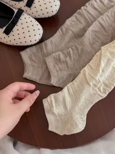 Detail shot of Korean style women knit slouch socks and cute polka dot ballet shoes on wood.