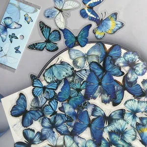 Blue butterfly PET waterproof transparent stickers detail, ideal for daily journal and cup decor.