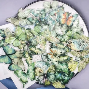 40 Pcs waterproof transparent butterfly stickers pack, aesthetic green floral journal decor.