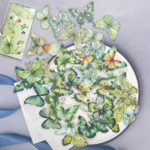 Green watercolor butterfly PET transparent waterproof decorative stickers for journaling crafts.