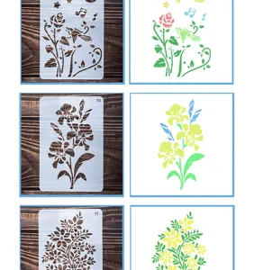 Hollow painting templates detailed view showing floral stencils and colorful effects for DIY craft.