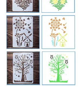 DIY hollow painting template set with cute flowers and tree house designs for kids art drawing.