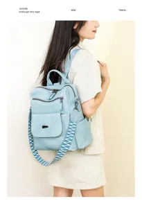 Women light blue soft leather backpack with ethnic wide strap casual daypack for travel