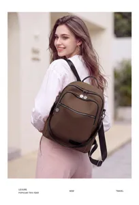 Close-up detail of women casual backpack with multi-zipper pockets and comfortable straps.