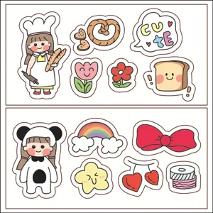 Cute cartoon sticker set details showing sweet girl, rainbow, and bow designs for decor.